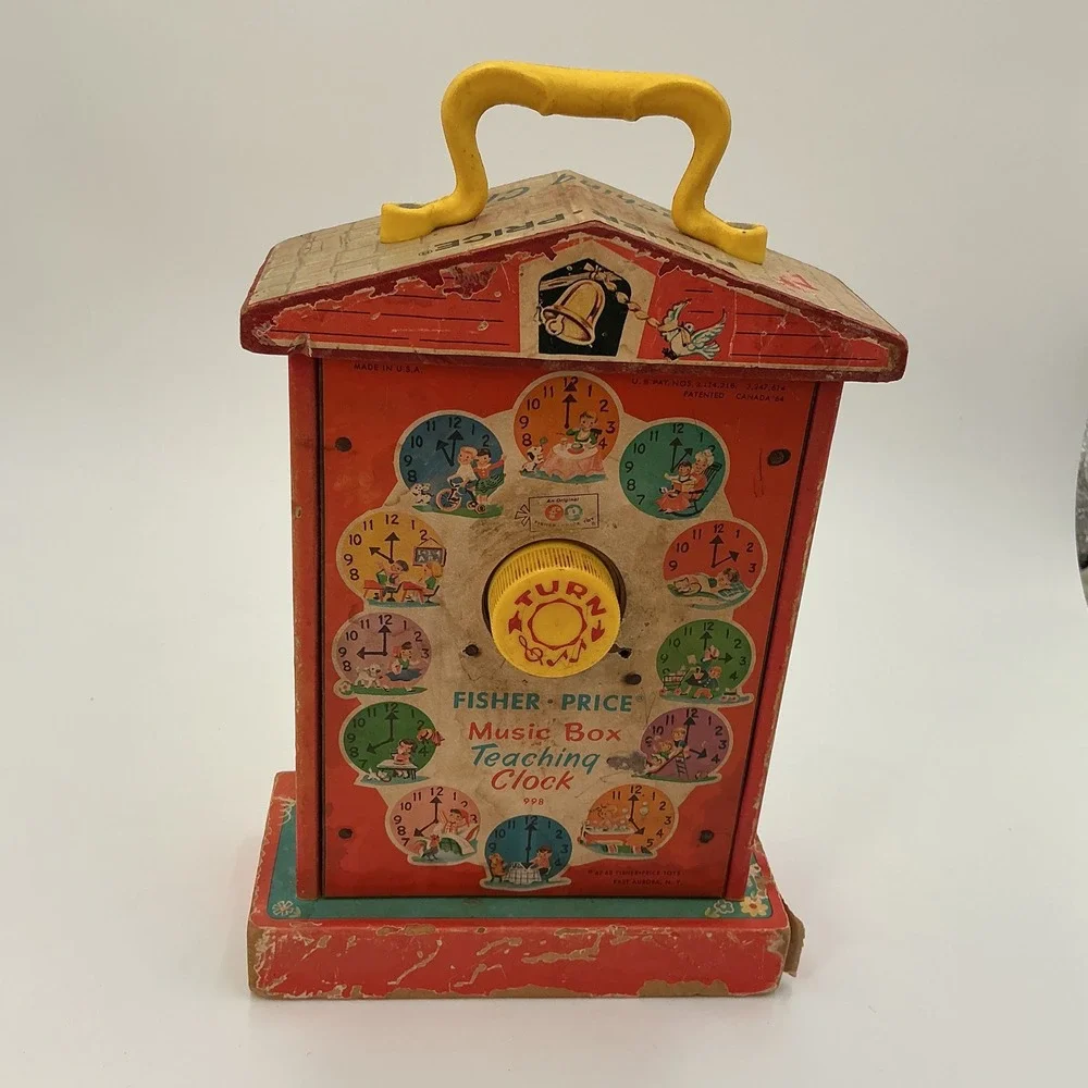 Vintage Fisher Price Music Box Teaching Clock Wood Wind Up Toy 1964 USA Works